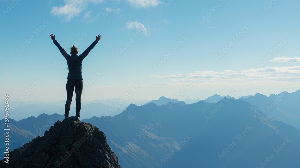 A solo hiker stands triumphantly atop a mountain peak A solo hiker stands triumphantly atop a mountain peak