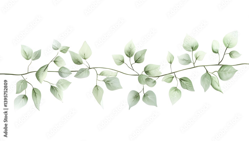 Obraz premium Illustration of an elegant garland made from delicate green leaves, elegantly arranged along the bottom edge on a white background,