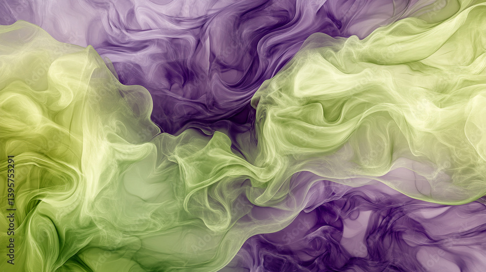 Fototapeta premium Abstract vibrant background of swirling green and purple smoke in a dreamy high-resolution digital rendering