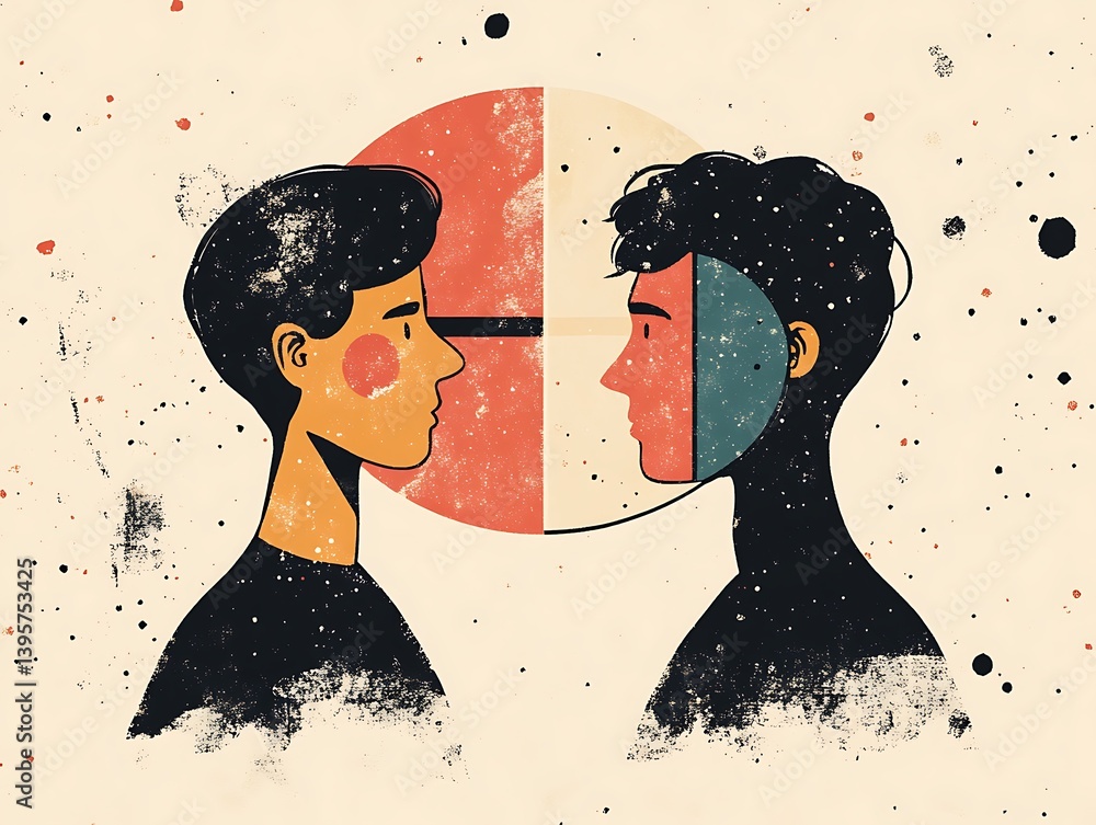 Two individuals facing each other, their faces divided by a circle, representing introspection and duality.