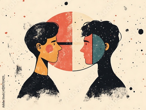 Obraz na płótnie Two individuals facing each other, their faces divided by a circle, representing introspection and duality. w salonie