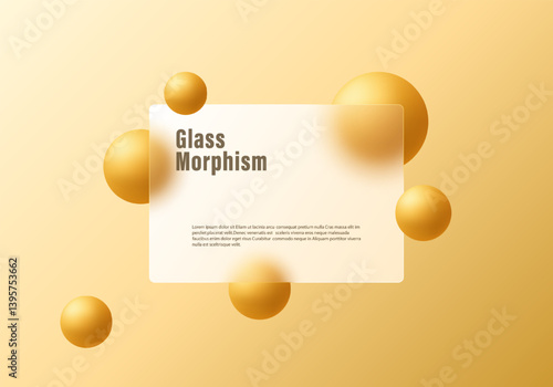Glass morphism vector layout with golden spheres and warm yellow gradient background