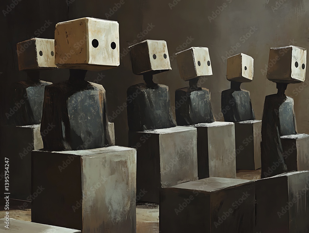 A somber assembly of figures with box-shaped heads.