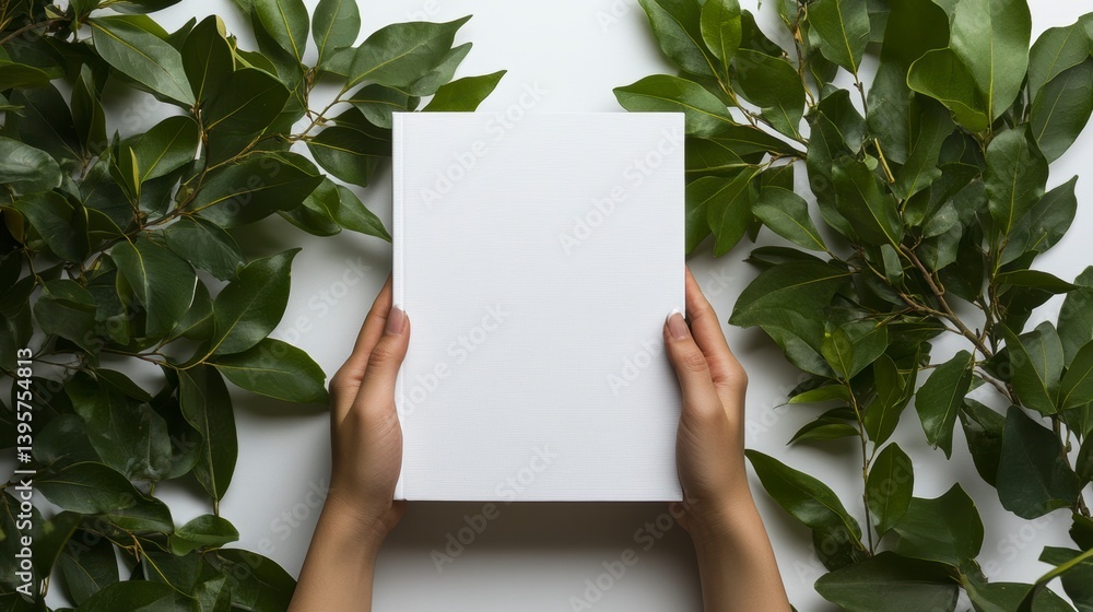 Hands holding blank white paper surrounded by green leaves on white background. Hands holding blank white paper surrounded by green leaves on white background.