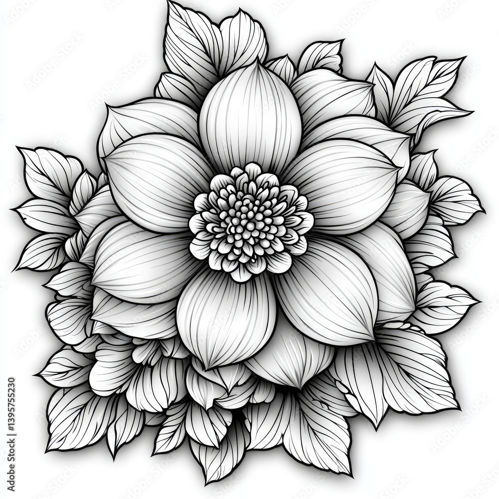 Intricate line drawing of a large flower with surrounding smaller blooms and leaves Intricate line drawing of a large flower with surrounding smaller blooms and leaves