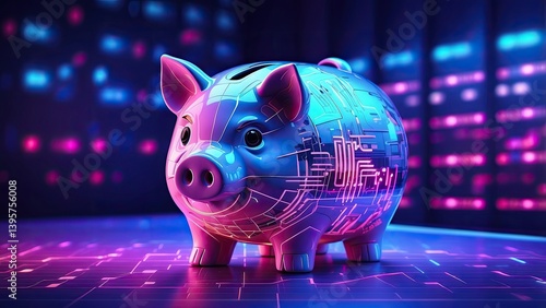 A glowing, digital-style piggy bank with binary code patterns on its surface