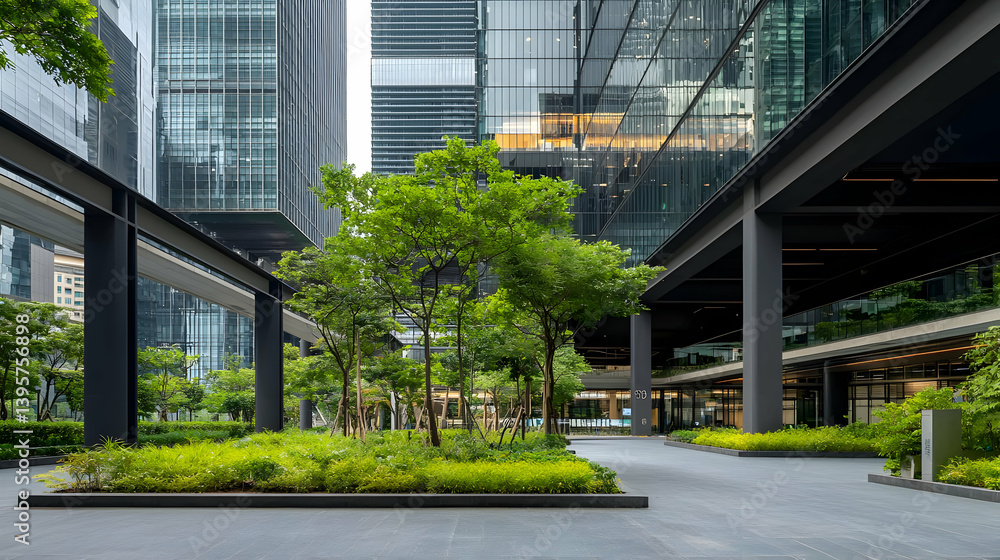 Urban Green Space Between Modern Buildings