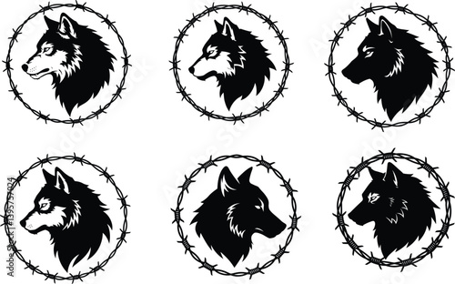 Wolf Head Silhouette Icon Set – Tribal Vector Emblem Collection with Barbed Wire Frame