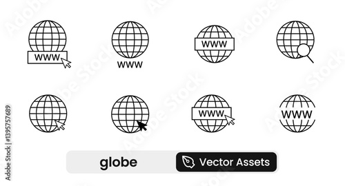 Globe Set World icon set showcasing global, geography, international, and location symbols. A solid vector illustration collection ideal for travel apps, maps, and global networking designs.