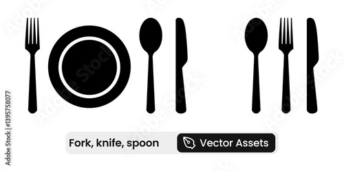 Fork, Knife, Spoon, and Plate icon set showcasing dining utensils, tableware, mealtime symbols, and food-related elements. A solid vector illustration collection ideal for restaurant menus, foodfork