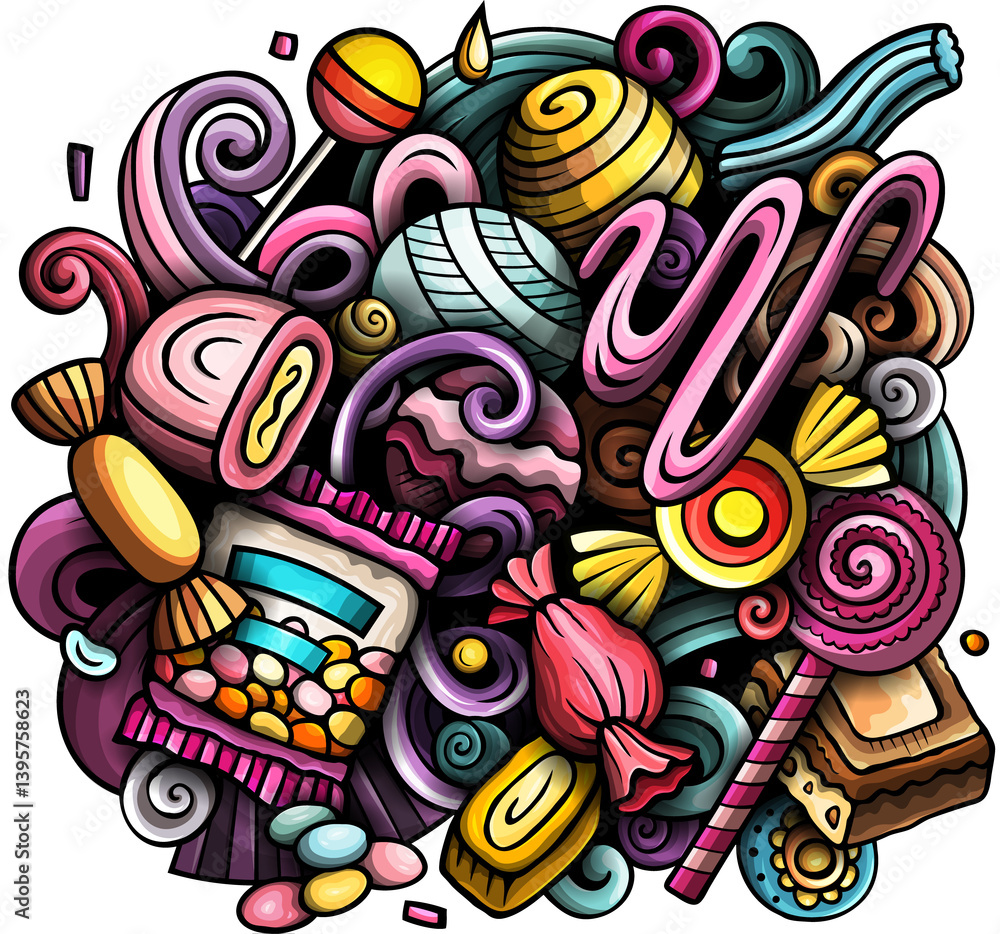 Obraz premium Candies cartoon doodles illustration. Sweet food design. Confection elements and objects background. Bright colors funny picture.