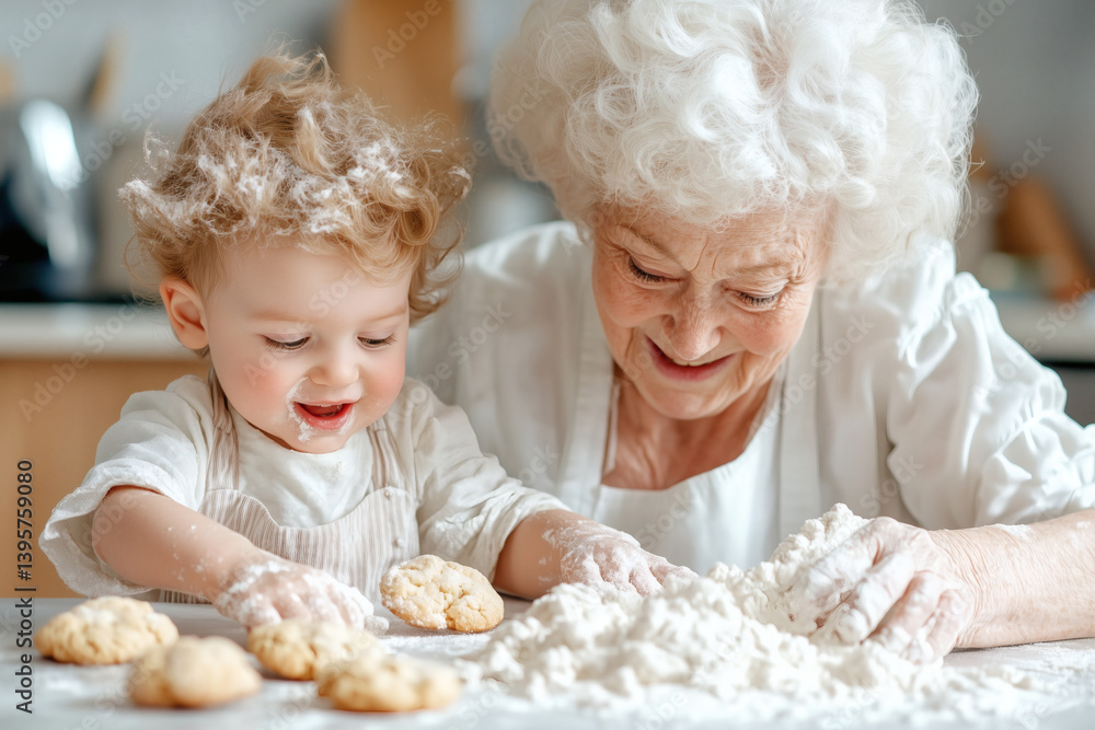 A cheerful grandmother and her young grandson enjoy baking together in a bright kitchen, surrounded by flour and freshly made cookies, creating lasting memories A cheerful grandmother and her young grandson enjoy baking together in a bright kitchen, surrounded by flour and freshly made cookies, creating lasting memories