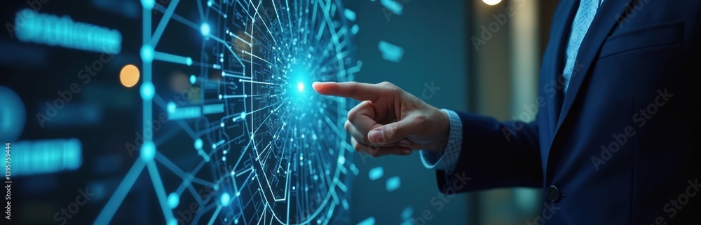 Fototapeta premium Businessman interacts digital network touch screen. Finger touch glowing sphere. Modern futuristic tech concept for business, innovation, communication, online security.