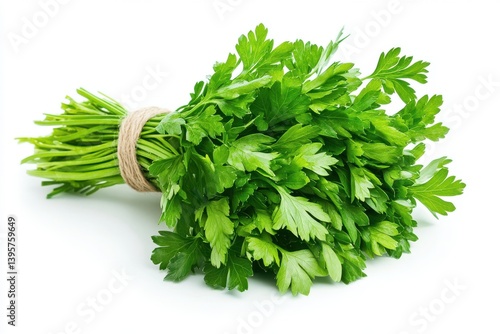 A bunch of fresh parsley tied with twine isolated on white background