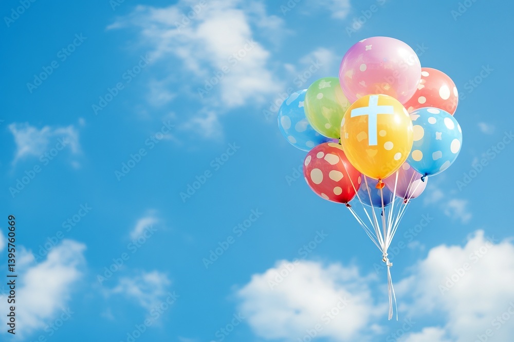A balloon with a cross symbol flying peacefully in a clear blue sky, symbolizing faith and spiritual journey
A balloon with a cross symbol flying peacefully in a clear blue sky, symbolizing faith and spiritual journey