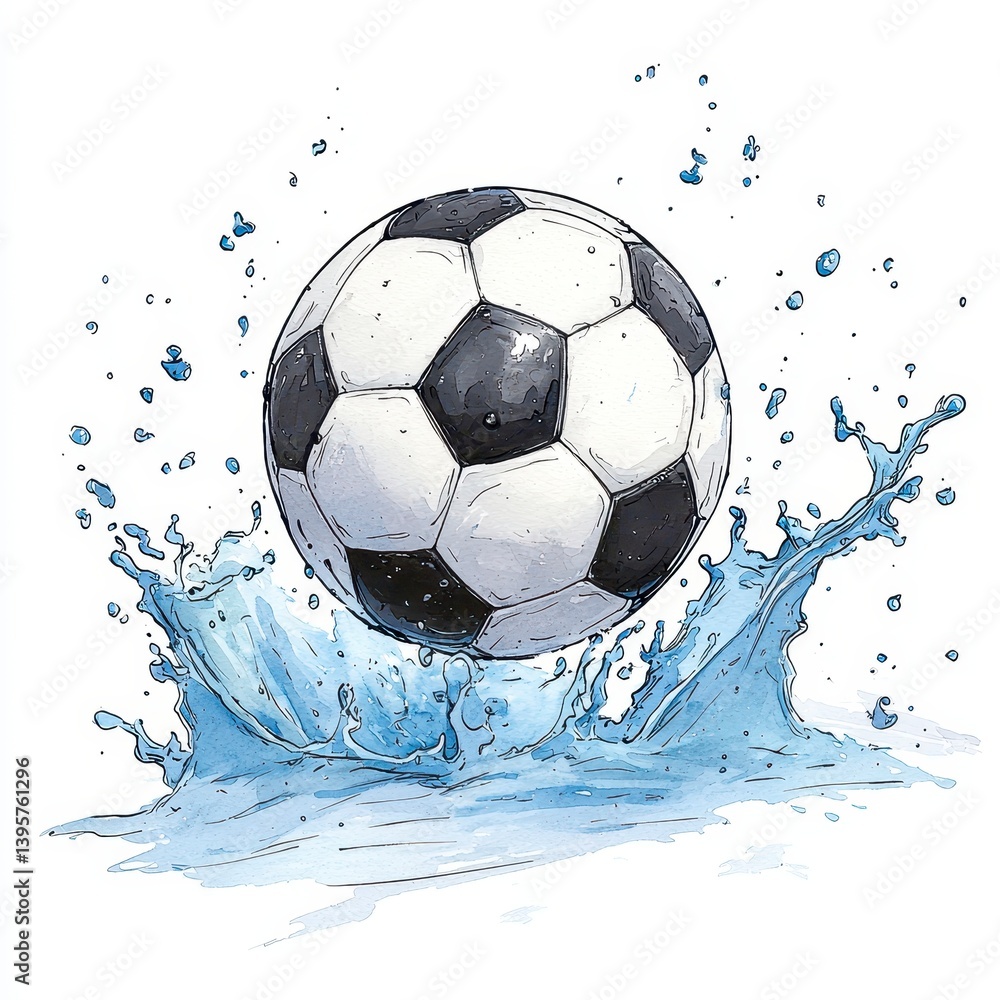Naklejka premium Watercolor Soccer Ball Splashing in Blue Water