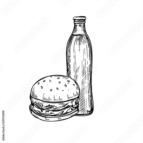 Smash burger and glass bottle with carbonated drink black ink vector illustration. Beer, lemonade or tonic drink and sandwich combo lunch etching drawing. Fast food for menus, bar promotions