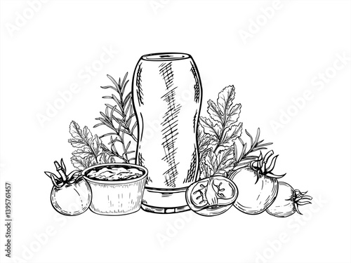Plastic squeeze ketchup bottle, fresh tomatoes, rosemary, cilantro, parsley, and sauce bowl line art black ink sketch. Tomato and herbs dip for packaging, organic food branding, cooking blogs