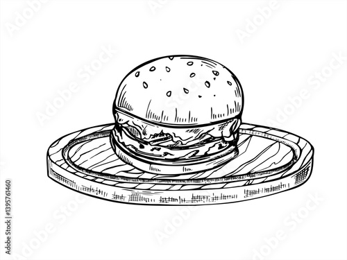 Smash burger served on round wooden board vector illustration painted by black inks. Etching drawing of classic homemade healthy beef sandwich for restaurant menus, food delivery concepts.