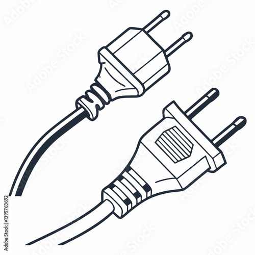 Black electric plug vector illustration shows a power connection with a white cable