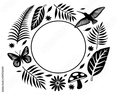 Round black floral frame with leaves, butterfly, hummingbird, and mushroom.