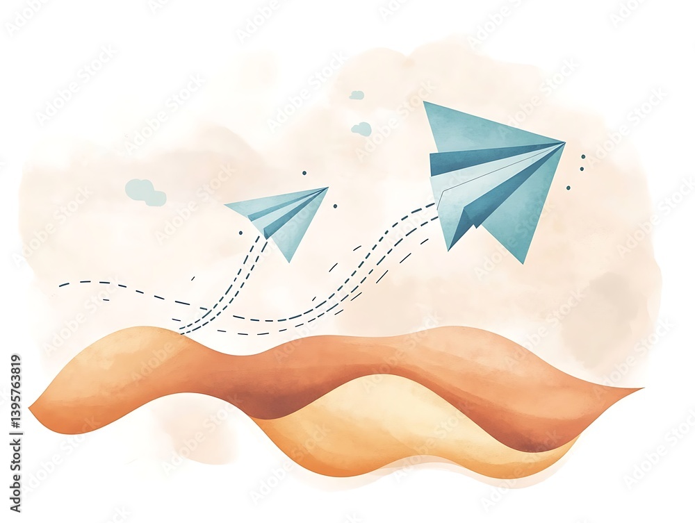 Two paper airplanes soar over a desert landscape, symbolizing dreams and aspirations.