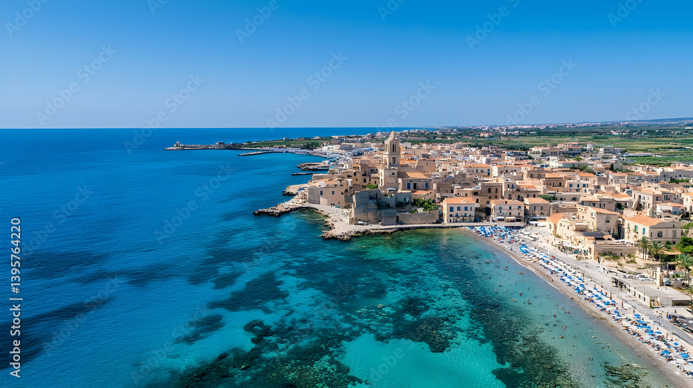 Fototapeta premium Aerial View Of Coastal Town With Beach And Turquoise Water