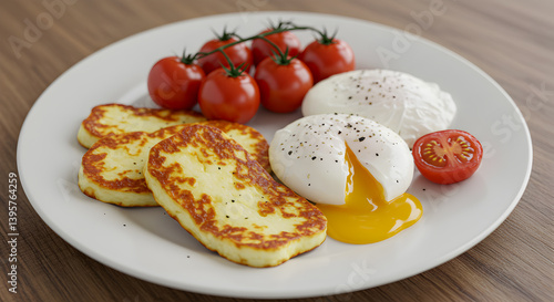 Delicious Balanced Breakfast With Grilled Halloumi Cheese and Poached Egg