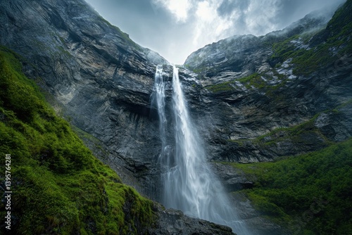 A waterfall cascading down a rocky mountain with green moss and a cloudy sky above the mountain top