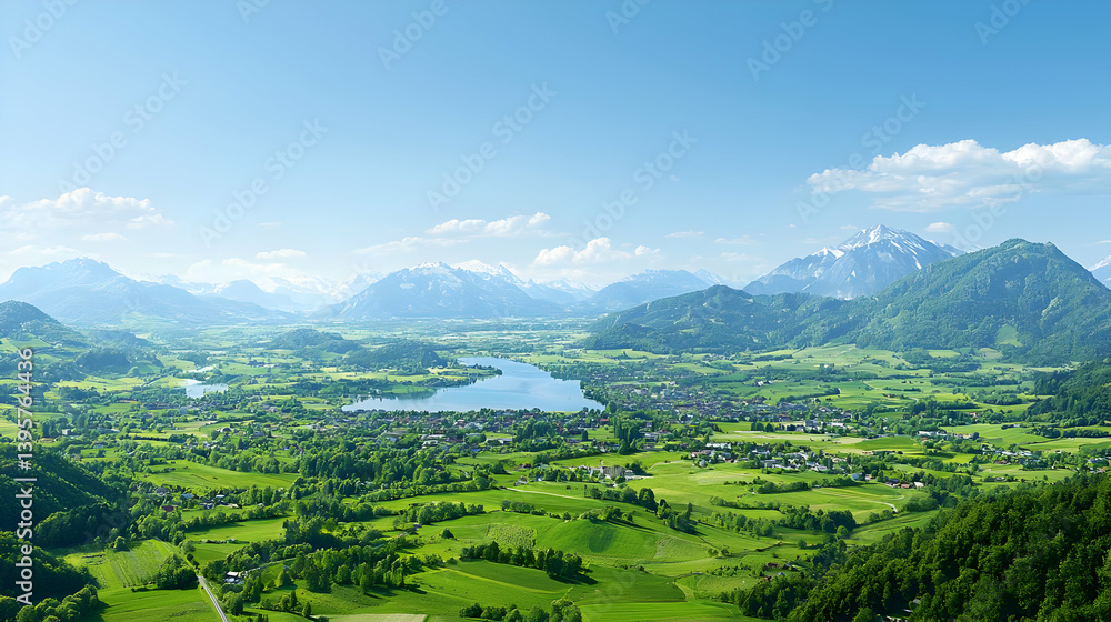 High Angle View Of Lush Green Valley With Lake And Mountains High Angle View Of Lush Green Valley With Lake And Mountains