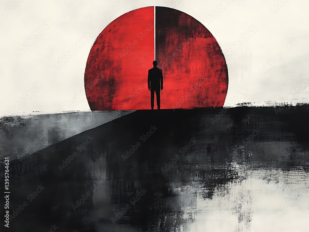 A solitary figure stands at the precipice of a divided world, marked by contrasting red and black.