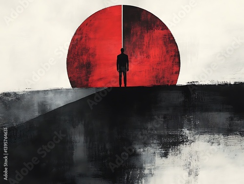 Obraz na płótnie A solitary figure stands at the precipice of a divided world, marked by contrasting red and black. w salonie