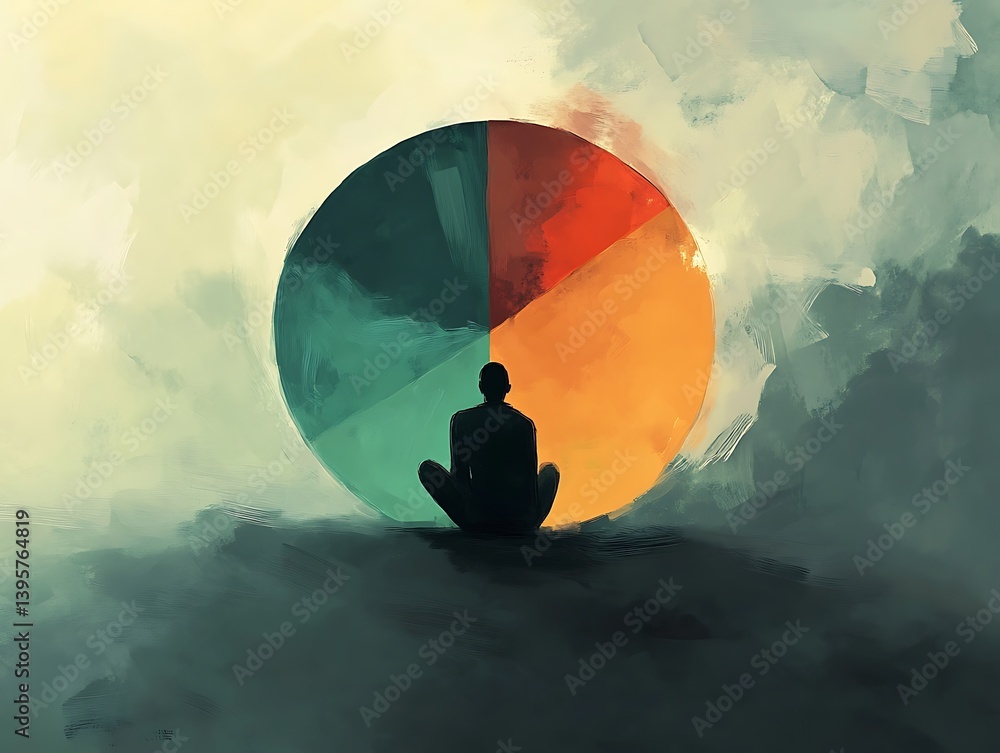 A contemplative figure facing a pie chart of divided proportions.