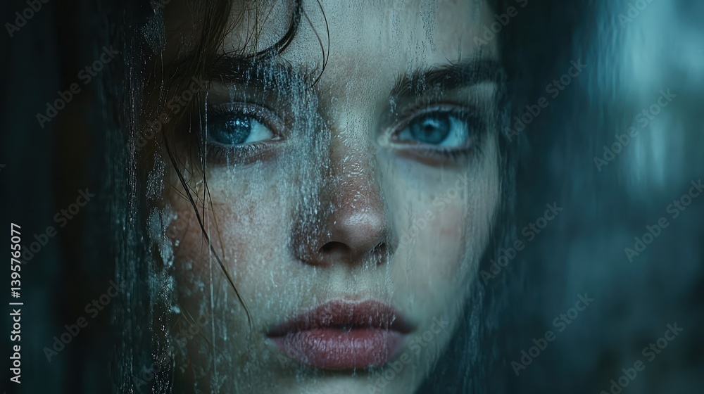 Woman looks out fogged window, breath visible, jaw tight, fingers trace shapes on glass, overcast light softens background, tension and longing fill still moment Woman looks out fogged window, breath visible, jaw tight, fingers trace shapes on glass, overcast light softens background, tension and longing fill still moment