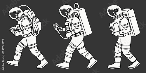 Vintage Black and White Astronauts Spacewalking Illustration
