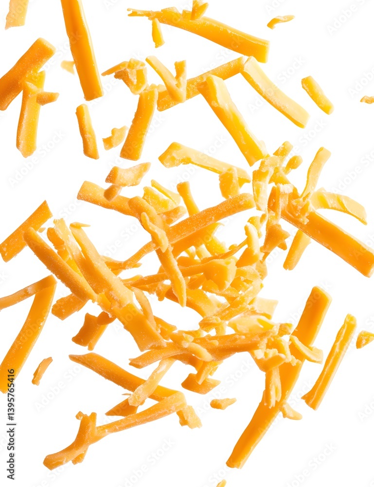 Fototapeta premium Grated cheddar cheese floating on a white background, isolated