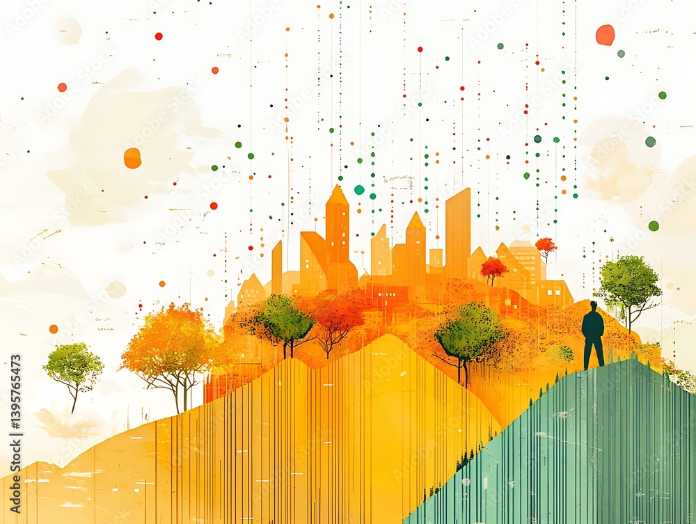 A vibrant abstract cityscape view from a hilltop, showcasing a solitary figure and colorful details.