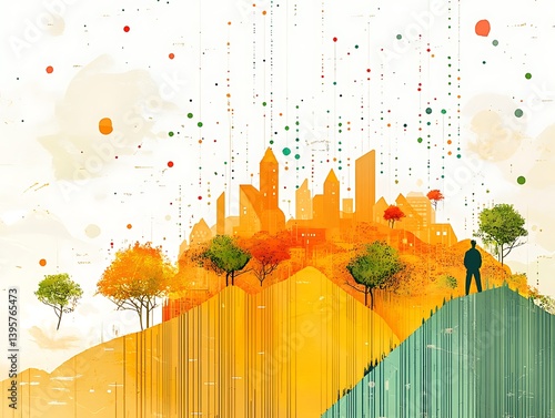 Obraz na płótnie A vibrant abstract cityscape view from a hilltop, showcasing a solitary figure and colorful details. w salonie