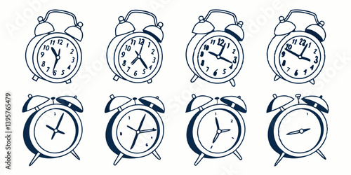 Blue Doodle Sketch Alarm Clocks Hand Drawn Line Art Set