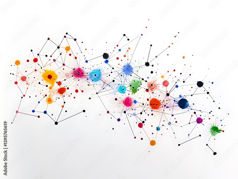 A vibrant network of interconnected colorful splatters.