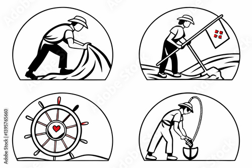 Black and White Line Art Illustrations Farmer Flag Ship Wheel Shovel Heart