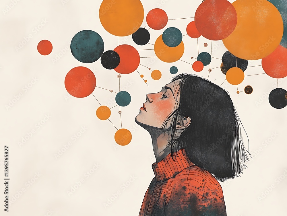 A woman with a thoughtful expression surrounded by interconnected colorful circles.