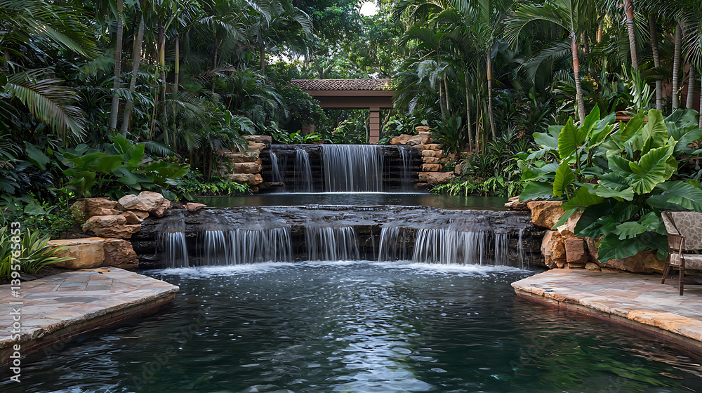 Naklejka premium Tranquil tiered waterfall cascading into a serene pool surrounded by lush tropical foliage in a peaceful garden setting.