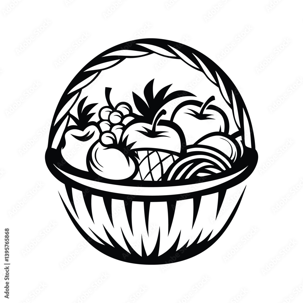Monochrome fruit basket design with apples, grapes, and oranges in clean lines Monochrome fruit basket design with apples, grapes, and oranges in clean lines