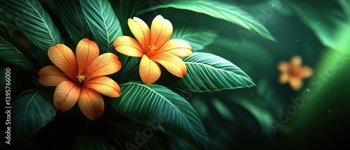 Lush foliage frames vibrant orange blossoms, creating a tranquil, tropical scene
