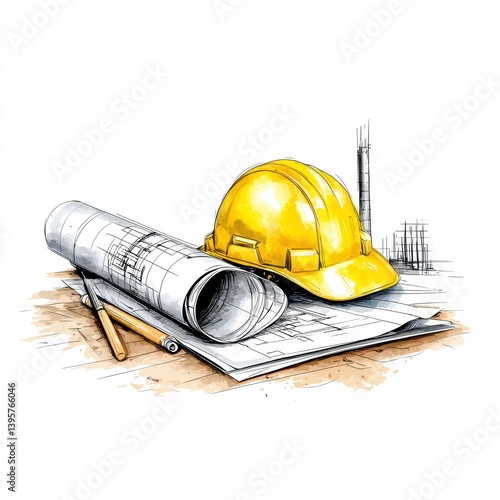 Yellow Hard Hat and Rolled Blueprints on Brown Background