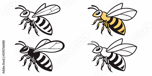 Cartoon Bee Vector Set: Outline, Colored, Silhouette, Shaded - Black, Yellow