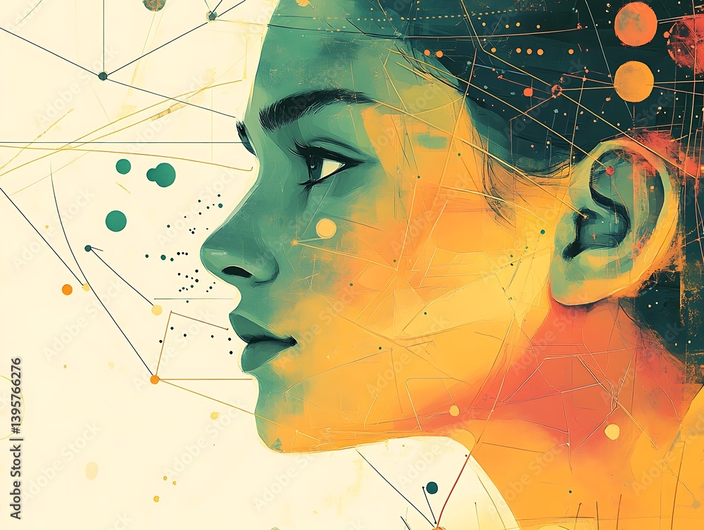 A pensive woman's profile, a vibrant blend of abstract and portrait.