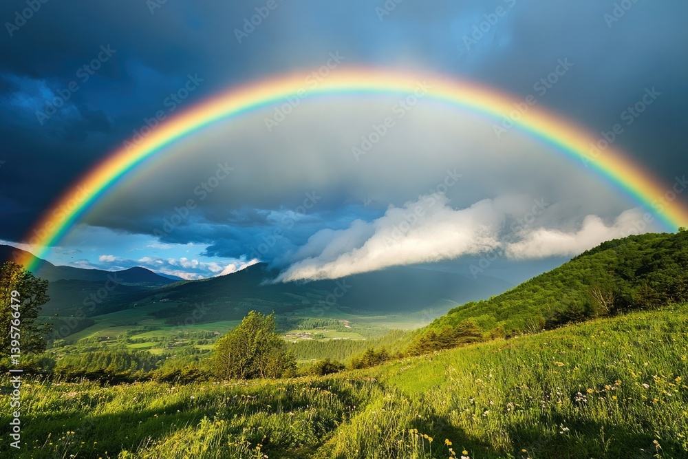 Obraz premium A vibrant rainbow arcs over a lush green landscape with mountains and cloudy skies in the background