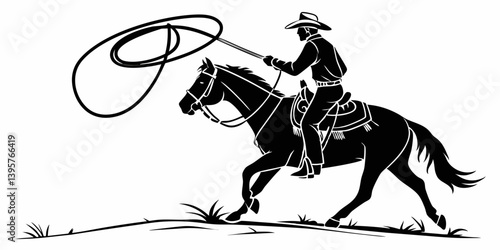 Cowboy Horse Lasso Silhouette Black and White Vector Illustration Western Rodeo Ranch Art
